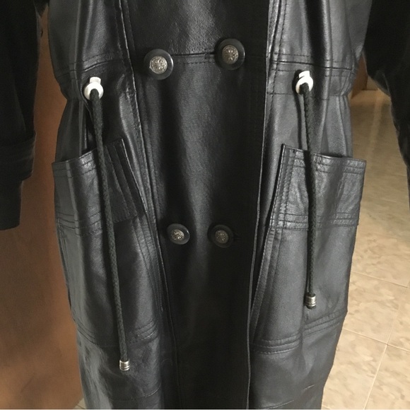 HP- DONNA PELLE LONG VINTAGE TIMELESS BLACK LEATHER TRENCH COAT/WITH HOOD/SZ S - Picture 5 of 16